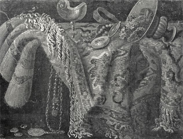 Anonimo — Fieravino Francesco - bottega - sec. XVII - Natura morta con tappeto, gioielli, orologio e oggetti metallici — insieme